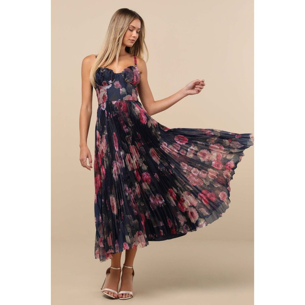 Lulus Midnight Rose Floral Pleated Bustier Midi Dress Formal Cocktail (79)